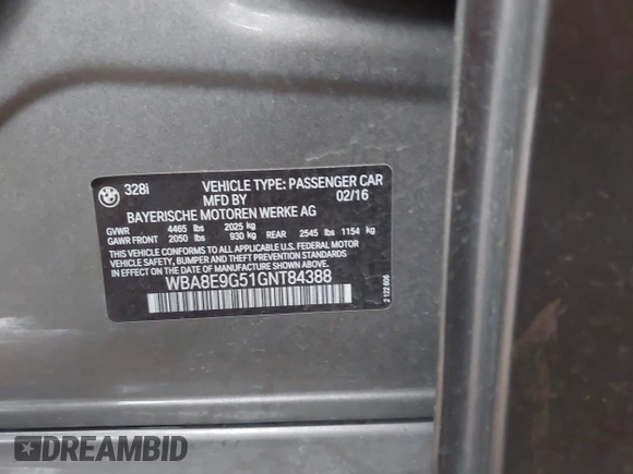 2016 BMW 3 Series 328i with VIN WBA8E9G51GNT84388, listed as a IAAI auction lot 41797756 with 86,807 mi miles. Bid and sale history available at carsss.com. Image 9.