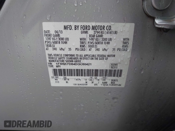 2013 Ford Explorer XLT с VIN 1FM5K7D84DGC60421, выставлен на аукционе IAAI как лот 42162304 с пробегом 161 376 миль миль и . История ставок и продаж доступна на DreamBid. Изображение 9.