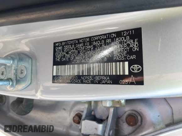 2012 Toyota Yaris with VIN JTDBT4K30CL026518, listed as a IAAI auction lot 42842689 with 123,346 mi miles and . Bid and sale history available at DreamBid. Image 9.
