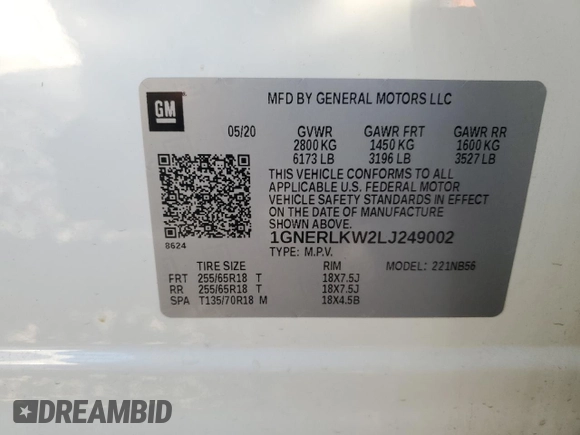2020 Chevrolet Traverse LS with VIN 1GNERLKW2LJ249002, listed as a Copart auction lot 85894354 with 88,783 mi miles and Salvage Title. Bid and sale history available at carsss.com. Image 15.