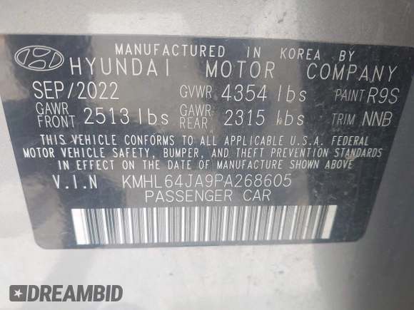 2023 Hyundai Sonata SEL with VIN KMHL64JA9PA268605, listed as a IAAI auction lot 41969724 with 43,150 mi miles and . Bid and sale history available at DreamBid. Image 9.