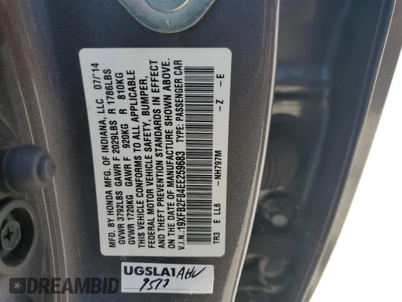 2014 Honda Civic Sedan EX with VIN 19XFB2F84EE259683, listed as a Copart auction lot 46661875 with 68,967 mi miles and Clean Title. Bid and sale history available at carsss.com. Image 12.