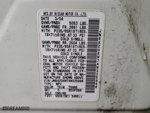 2004 Nissan Murano SL with VIN JN8AZ08W74W325996, listed as a Copart auction lot 52564274 with 0 mi miles and Salvage Title. Bid and sale history available at carsss.com. Image 12.