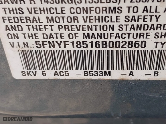 2006 Honda Pilot EX-L with VIN 5FNYF18516B002860, listed as a IAAI auction lot 41355134 with 202,797 mi miles. Bid and sale history available at carsss.com. Image 9.
