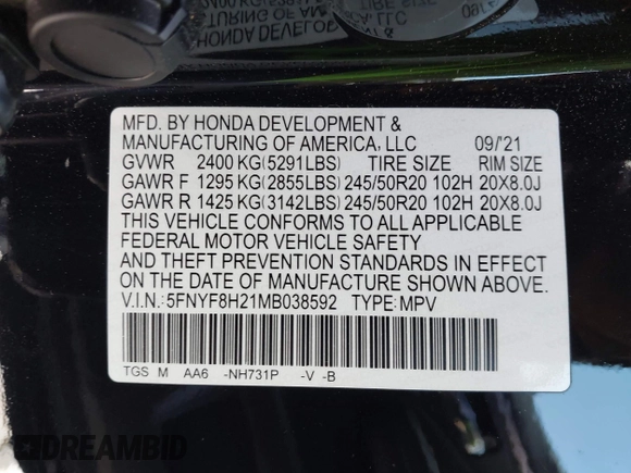 2021 Honda Passport Sport z VIN 5FNYF8H21MB038592, wystawiony jako IAAI lot #41955838 z przebiegiem 31 844 mil mil oraz . Historia ofert i sprzedaży dostępna na DreamBid. Obrazek 9.