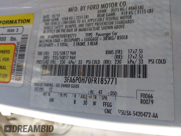2015 Ford Fusion SE with VIN 3FA6P0H70FR185771, listed as a IAAI auction lot 41485907 with 186,353 mi miles. Bid and sale history available at carsss.com. Image 9.