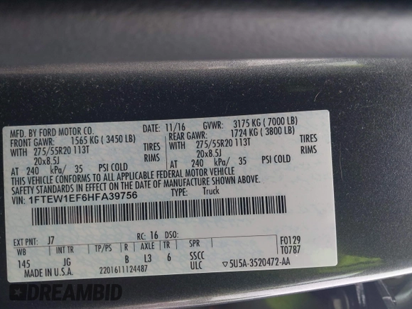 2017 Ford F-150 XL with VIN 1FTEW1EF6HFA39756, listed as a IAAI auction lot 42461564 with 95,055 mi miles and . Bid and sale history available at DreamBid. Image 9.