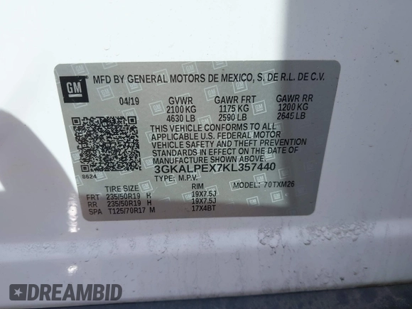 2019 GMC Terrain SLT z VIN 3GKALPEX7KL357440, wystawiony jako IAAI lot #41787110 z przebiegiem 108 477 mil mil oraz . Historia ofert i sprzedaży dostępna na DreamBid. Obrazek 9.