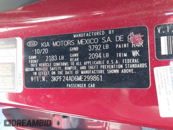 2021 Kia Forte LXS with VIN 3KPF24AD6ME299861, listed as a IAAI auction lot 42146614 with 54,896 mi miles. Bid and sale history available at carsss.com. Image 9.