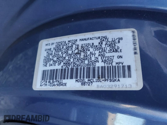 1999 Toyota Sienna LE with VIN 4T3ZF13C8XU108650, listed as a Copart auction lot 74476004 with 215,060 mi miles and Salvage Title. Bid and sale history available at carsss.com. Image 13.