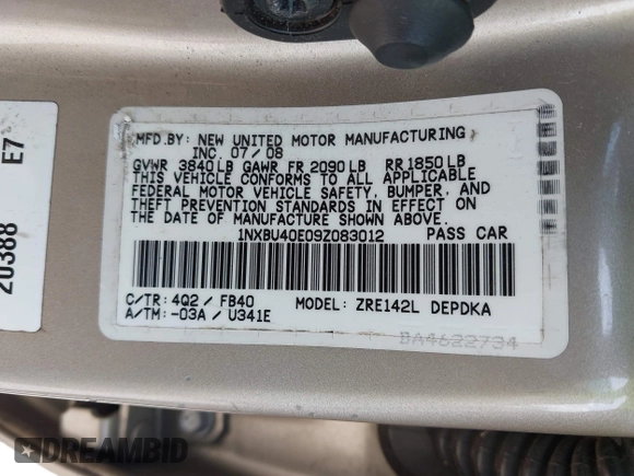 2009 Toyota Corolla with VIN 1NXBU40E09Z083012, listed as a IAAI auction lot 42656914 with 161,106 mi miles and . Bid and sale history available at DreamBid. Image 9.