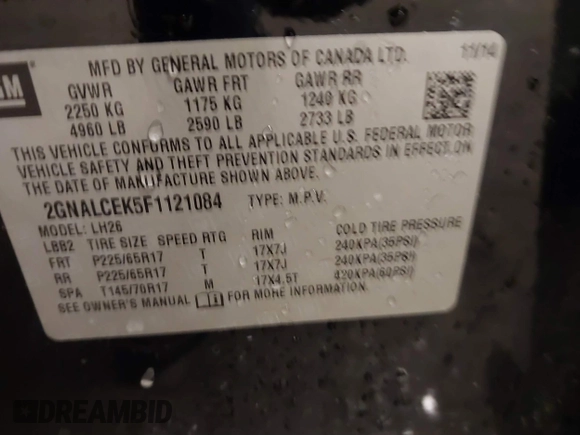 2015 Chevrolet Equinox LT with VIN 2GNALCEK5F1121084, listed as a IAAI auction lot 41814532 with 142,675 mi miles. Bid and sale history available at carsss.com. Image 9.