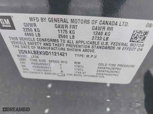 2013 Chevrolet Equinox LS with VIN 2GNALBEK9D1121421, listed as a IAAI auction lot 42001719 with 86,991 mi miles. Bid and sale history available at carsss.com. Image 9.