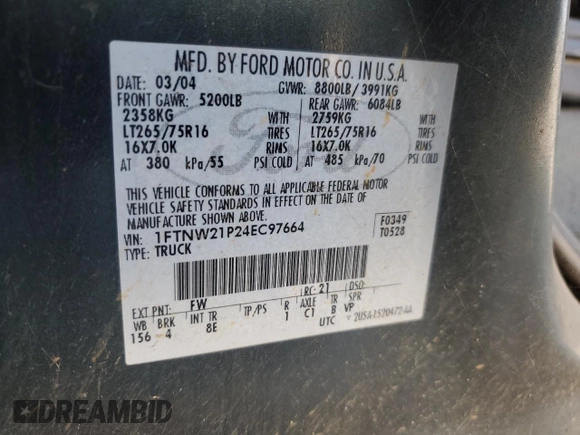 2004 Ford F-250 XL with VIN 1FTNW21P24EC97664, listed as a Copart auction lot 62030175 with 222,855 mi miles and Salvage title. Bid and sale history available at DreamBid. Image 12.