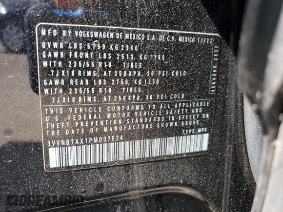 2023 Volkswagen Tiguan SE с VIN 3VVNB7AX1PM037524, выставлен на аукционе Copart как лот 55352445 с пробегом 24 380 миль миль и Списание • Salvage title. История ставок и продаж доступна на DreamBid. Изображение 14.