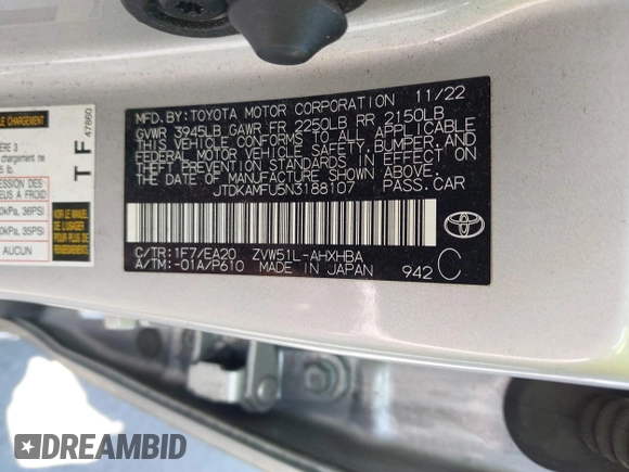 2022 Toyota Prius L Eco with VIN JTDKAMFU5N3188107, listed as a IAAI auction lot 42223649 with 180,894 mi miles and . Bid and sale history available at DreamBid. Image 9.