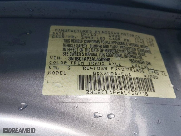 2010 Nissan Versa 1.8 S with VIN 3N1BC1AP2AL450998, listed as a IAAI auction lot 41433147 with 88,535 mi miles. Bid and sale history available at carsss.com. Image 9.
