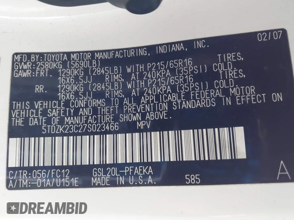 2007 Toyota Sienna CE with VIN 5TDZK23C27S023466, listed as a IAAI auction lot 41911352 with 166,600 mi miles and . Bid and sale history available at DreamBid. Image 9.