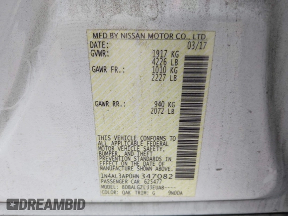 2017 Nissan Altima S z VIN 1N4AL3AP0HN347082, wystawiony jako IAAI lot #40488255 z przebiegiem 154 659 mil mil oraz . Historia ofert i sprzedaży dostępna na DreamBid. Obrazek 9.