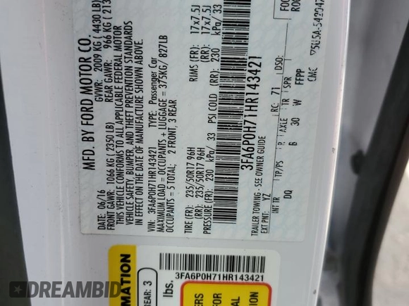 2017 Ford Fusion SE with VIN 3FA6P0H71HR143421, listed as a Copart auction lot 51153335 with 83,232 mi miles and Salvage Title. Bid and sale history available at carsss.com. Image 15.