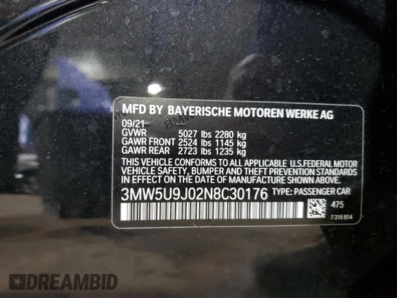 2022 BMW 3 Series M340i xDrive with VIN 3MW5U9J02N8C30176, listed as a Copart auction lot 83947374 with 20,863 mi miles and Salvage Title. Bid and sale history available at carsss.com. Image 12.
