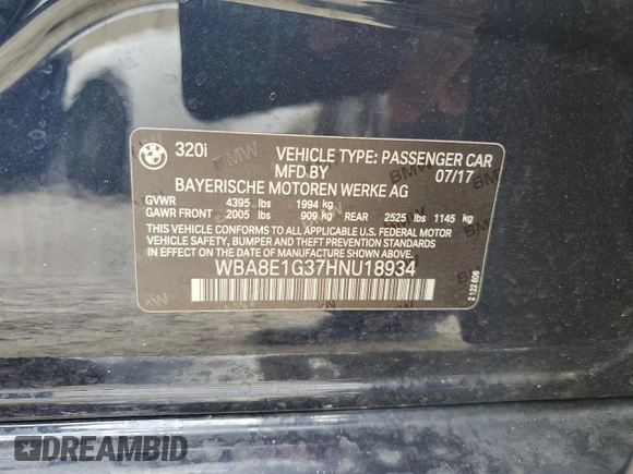 2017 BMW 3 Series 320i with VIN WBA8E1G37HNU18934, listed as a Copart auction lot 78614524 with 63,445 mi miles and Non Repairable. Bid and sale history available at DreamBid. Image 12.