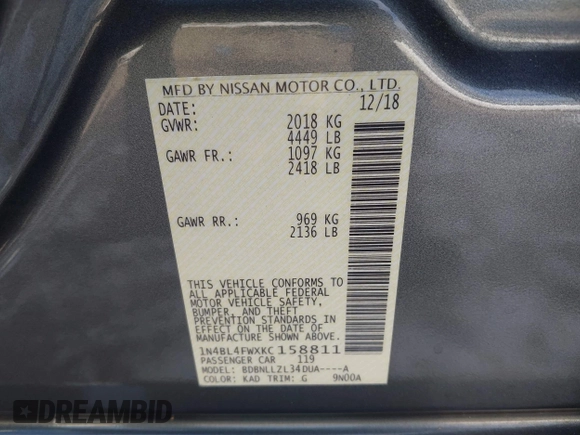 2019 Nissan Altima 2.5 Platinum with VIN 1N4BL4FWXKC158811, listed as a IAAI auction lot 41258530 with 64,779 mi miles. Bid and sale history available at carsss.com. Image 9.
