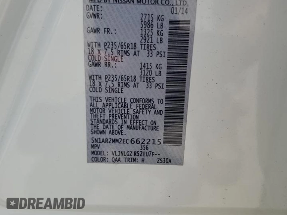 2014 Nissan Pathfinder SL with VIN 5N1AR2MM2EC662215, listed as a Copart auction lot 61198205 with 152,409 mi miles and Salvage title. Bid and sale history available at DreamBid. Image 13.
