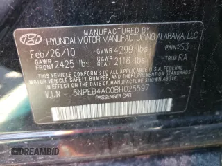 2011 Hyundai Sonata GLS z VIN 5NPEB4AC0BH025597, wystawiony jako Copart lot #55288703 z przebiegiem Nie podano mil oraz Szkoda całkowita • Salvage title. Historia ofert i sprzedaży dostępna na DreamBid. Obrazek 14.