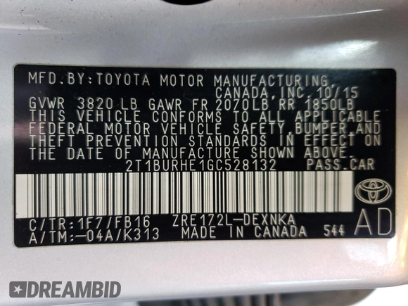2016 Toyota Corolla L with VIN 2T1BURHE1GC528132, listed as a Copart auction lot 51324135 with 145,034 mi miles and Salvage Title. Bid and sale history available at DreamBid. Image 15.