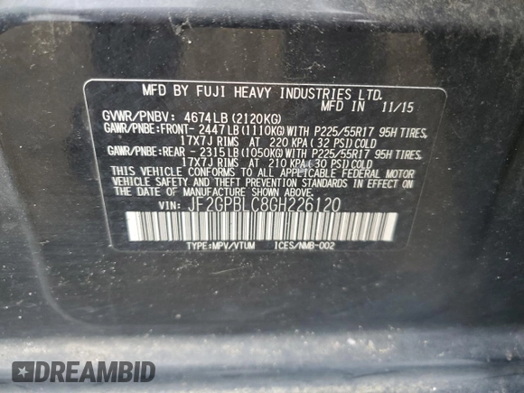 2016 Subaru Crosstrek Touring with VIN JF2GPBLC8GH226120, listed as a Copart auction lot 62836425 with 253,099 mi miles and Clean title. Bid and sale history available at DreamBid. Image 13.