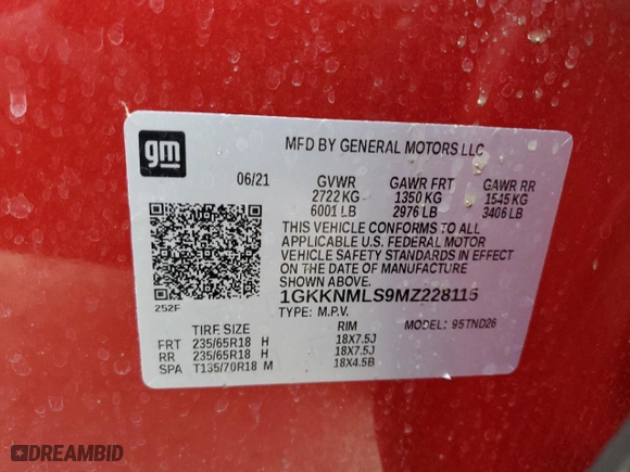 2021 GMC Acadia SLT with VIN 1GKKNMLS9MZ228115, listed as a Copart auction lot 45305605 with 23,615 mi miles and Salvage Title. Bid and sale history available at carsss.com. Image 14.