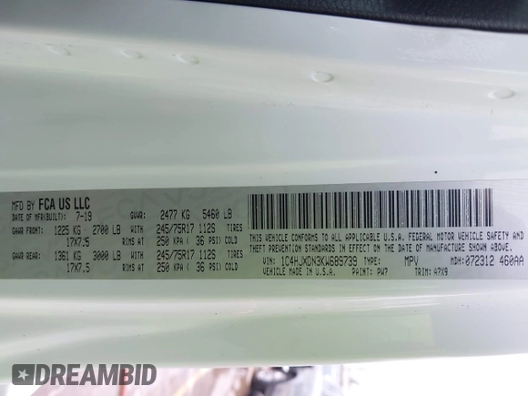 2019 Jeep Wrangler Unlimited Sport S with VIN 1C4HJXDN3KW689739, listed as a IAAI auction lot 42358604 with 73,271 mi miles and . Bid and sale history available at DreamBid. Image 9.