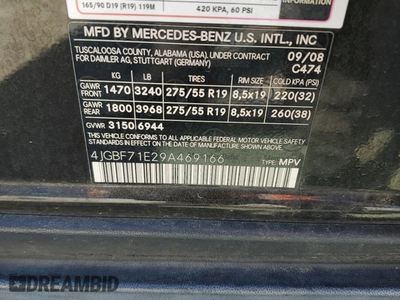 2009 Mercedes-Benz GL-Class 4.6L with VIN 4JGBF71E29A469166, listed as a Copart auction lot 71948464 with 109,291 mi miles and Salvage Title. Bid and sale history available at carsss.com. Image 13.