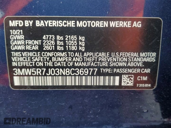 2022 BMW 3 Series 330i xDrive with VIN 3MW5R7J03N8C36977, listed as a Copart auction lot 53891745 with 14,938 mi miles and Salvage title. Bid and sale history available at DreamBid. Image 12.