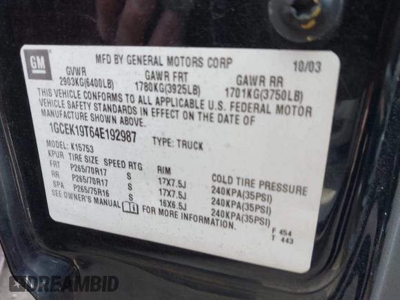 2004 Chevrolet Silverado 1500 with VIN 1GCEK19T64E192987, listed as a IAAI auction lot 41602418 with 279,282 mi miles and . Bid and sale history available at DreamBid. Image 9.