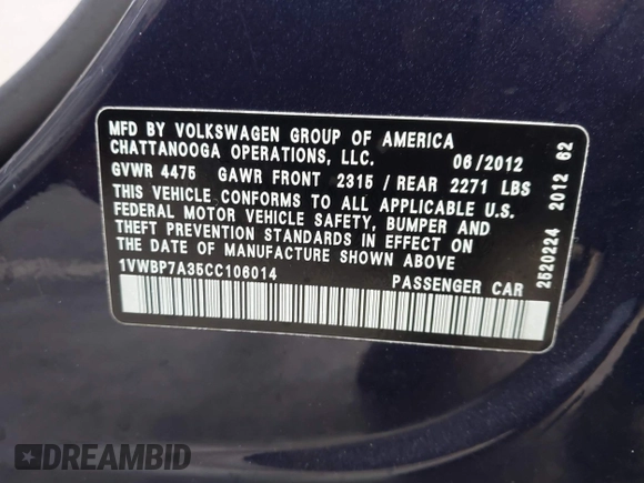 2012 Volkswagen Passat SE z VIN 1VWBP7A35CC106014, wystawiony jako IAAI lot #41150524 z przebiegiem 117 309 mil mil oraz . Historia ofert i sprzedaży dostępna na DreamBid. Obrazek 9.
