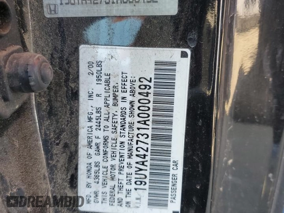 2001 Acura CL Type S z VIN 19UYA42731A000492, wystawiony jako Copart lot #89125705 z przebiegiem Nie podano mil oraz Szkody całkowita. Historia ofert i sprzedaży dostępna na DreamBid. Obrazek 12.