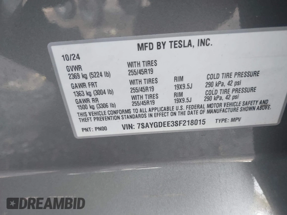 2025 Tesla Model Y Long Range with VIN 7SAYGDEE3SF218015, listed as a IAAI auction lot 41448106 with 1,588 mi miles and . Bid and sale history available at carsss.com. Image 9.