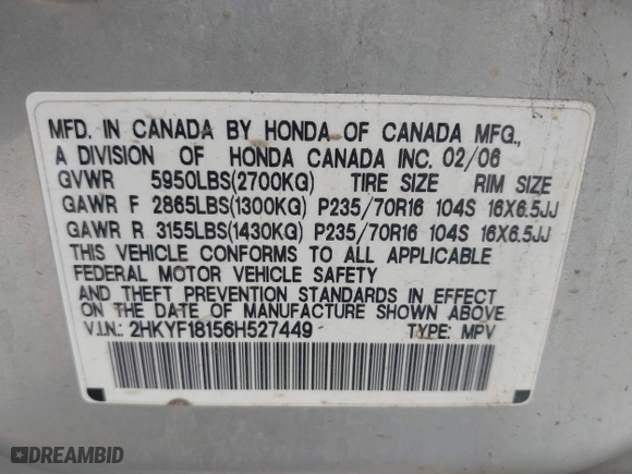 2006 Honda Pilot LX with VIN 2HKYF18156H527449, listed as a IAAI auction lot 42097170 with 178,983 mi miles. Bid and sale history available at carsss.com. Image 9.