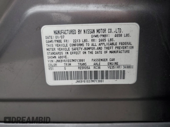2007 Infiniti G35 Journey with VIN JNKBV61E07M713991, listed as a Copart auction lot 76395314 with 226,971 mi miles and Salvage Title. Bid and sale history available at DreamBid. Image 15.
