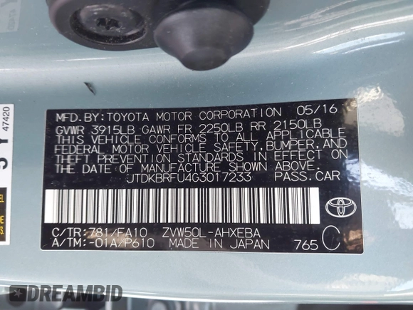 2016 Toyota Prius Two with VIN JTDKBRFU4G3017233, listed as a IAAI auction lot 41520005 with 95,501 mi miles and . Bid and sale history available at DreamBid. Image 9.
