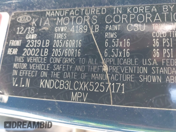 2019 Kia Niro LX with VIN KNDCB3LCXK5257171, listed as a IAAI auction lot 41724795 with Not Provided miles and . Bid and sale history available at DreamBid. Image 9.