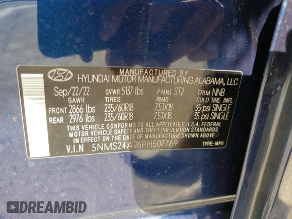 2023 Hyundai Santa Fe SEL with VIN 5NMS24AJ6PH507769, listed as a Copart auction lot 38157573 with 2,679 mi miles and . Bid and sale history available at DreamBid. Image 13.