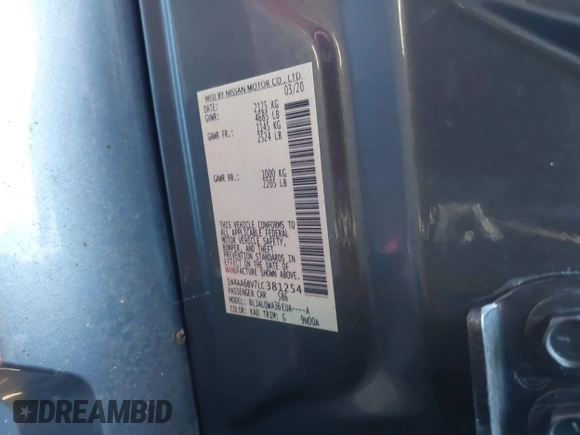 2020 Nissan Maxima S with VIN 1N4AA6BV7LC381254, listed as a IAAI auction lot 41246789 with 73,562 mi miles and . Bid and sale history available at DreamBid. Image 9.