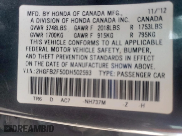 2013 Honda Civic LX z VIN 2HGFB2F50DH502593, wystawiony jako Copart lot #58256345 z przebiegiem 178 975 mil mil oraz Szkoda całkowita • Salvage title. Historia ofert i sprzedaży dostępna na DreamBid. Obrazek 12.