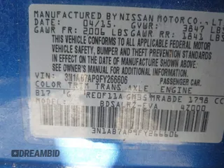2015 Nissan Sentra S with VIN 3N1AB7AP9FY266606, listed as a IAAI auction lot 41983060 with 105,317 mi miles. Bid and sale history available at carsss.com. Image 9.