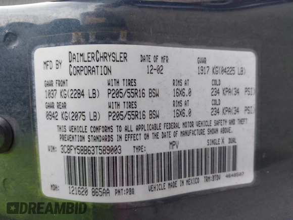 2003 Chrysler PT Cruiser Touring with VIN 3C8FY58B63T589003, listed as a IAAI auction lot 42326925 with 145,557 mi miles and . Bid and sale history available at DreamBid. Image 9.