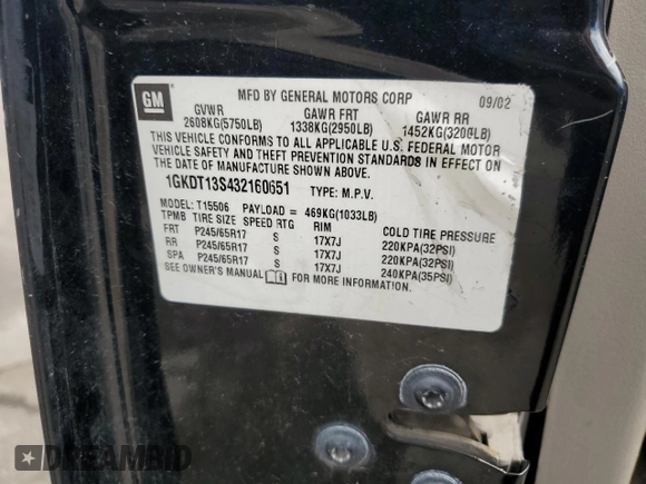 2003 GMC Envoy SLE z VIN 1GKDT13S432160651, wystawiony jako Copart lot #56938205 z przebiegiem 197 593 mil mil oraz Szkoda całkowita • Salvage title. Historia ofert i sprzedaży dostępna na DreamBid. Obrazek 13.