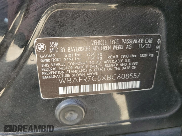 2011 BMW 5 Series 535i with VIN WBAFR7C5XBC608557, listed as a Copart auction lot 48142605 with 155,385 mi miles and Salvage Title. Bid and sale history available at carsss.com. Image 14.